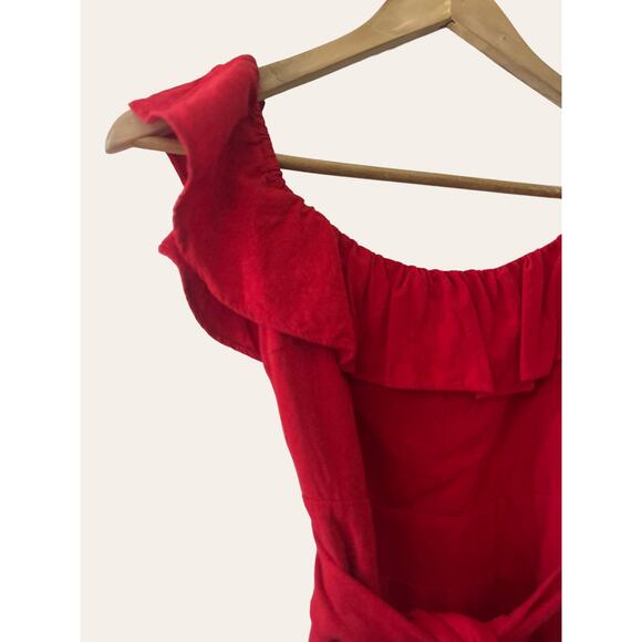Zara Red Off-The-Shoulder Ruffle Smocked A-Line Belted Mini Dress Size XS - Picture 2 of 6